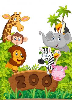 the animals are standing in the jungle with their name on the signboard illustration for children's books and magazines