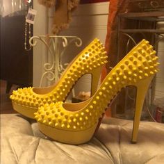 Beautiful, Bright And Fun, Size 39 Christian Louboutin Spiked Heels. They’re Lightly Worn (Maybe Twice), Not Perfect (But Close). Elegant Yellow Platform Heels, Designer High Heel Shoes With Studs, Designer Studded High Heels, Designer High Heels With Studs, Studded Fitted Heels For Formal Occasions, Luxury Spiked Round Toe Heels, Luxury Spiked Heels With Round Toe, Luxury Heels With Spikes And Round Toe, Fitted Spiked Round Toe Heels