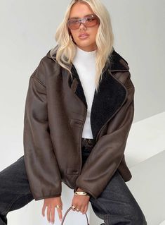 Faux leather jacket Oversized fit, twin pockets, button fastening Non-stretch material, shearling lining Main: 100% PU, Lining 100% polyester Spot clean garment Brown Shearling Jacket Outfit, Fluffy Jacket Outfit, Shearling Jacket Outfit, Brown Jacket Outfit, Jackets Outfit, Leather Jacket Oversized, Faux Jacket, Faux Shearling Jacket, Fluffy Jacket