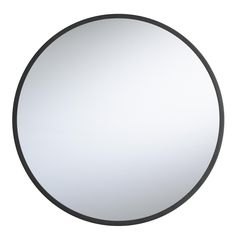 a round mirror is shown with black trim on the edges and bottom half, as well as an oval frame