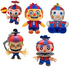 five different types of stuffed toys are shown in this image, including clowns and dolls