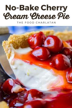 no - bake cherry cream cheese pie on a plate with the title above it