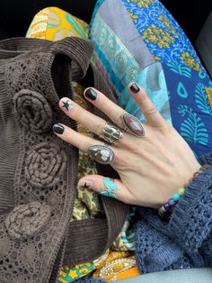 Grunge Nail Ideas, Whimsigoth Nails, Whimsigoth Style, Nail Polish Ideas, Nails Grunge, Band Nails, Visual Archive, Hippie Lifestyle, Hippie Nails