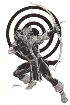 a drawing of a man with a bow and arrow in front of a bulls eye