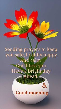 flowers in a bowl with good morning message on the front and back side, which reads sending prays to keep you safe, healthy happy and calm