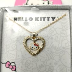 Hello Kitty Sanrio Heart Necklace Charm 18". Yellow Gold Plated Heart Cubic Zirconia Necklace With Dangle. Hello Kitty Jewelry For Valentine's Day Gift, Kuromi Necklace, Sanrio Heart, Spiderman Things, Jewelry Hello Kitty, Sanrio Jewelry, Kitty Room, Hello Kitty Room Decor, Kitty Necklace