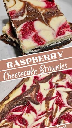 raspberry cheesecake brownies on a plate with the title overlaying