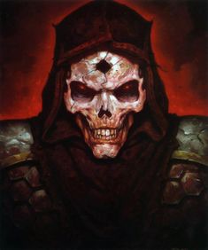 a painting of a skull wearing a hooded outfit