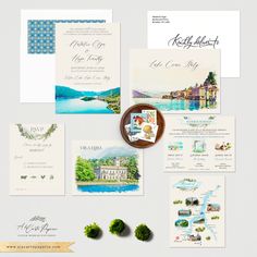 the wedding stationery is laid out on top of each other, including cards and envelopes