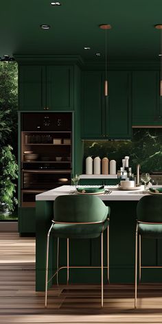 a kitchen with green walls and wooden flooring, along with two bar stools