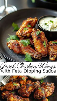 These Greek chicken wings are marinated in herbs and spices, then paired with a creamy feta dipping sauce for an irresistible flavor combination. Great for gatherings or game days, these wings are sure to impress with their unique taste. Greek Chicken Wings, Feta Sauce, Creamy Feta, Greek Chicken, Gluten Free Cheese, Herbs And Spices, Juicy Chicken, Dipping Sauce, Feta Cheese