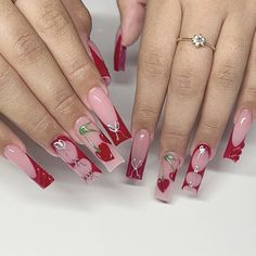 ig: acrylicsbyfatima French Square Nails, Nails Red French, Buff Nails, Hippie Nails, Formal Nails, Red French, Cherry Nails, Nail Designs Valentines, French Tip Acrylic Nails