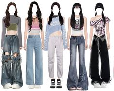 several different types of female dolls with long hair and jeans on their sides, standing in front of a white background