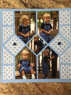 two young boys sitting on a wooden bench in front of a blue and white photo