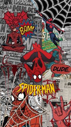 a spiderman collage with many stickers on it