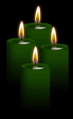 three green candles with one lit and the other turned on, in front of a black background