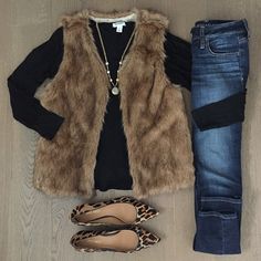 My amazing hubby is coming home early from work tonight so I can sneak out for an hour to have dinner with a friend. You better believe I'm having Italian and a glass of wine 😉 by dailydose27 Fur Vest Outfits, Vest Outfit, Leopard Print Shoes, Mode Casual, Print Shoes, Fashion Mode, Winter Fashion Outfits