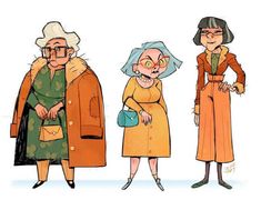 three older women standing next to each other wearing coats and holding purses in their hands