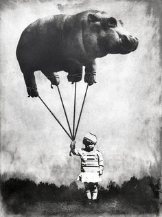 an old photo of a man flying a hippopotamus