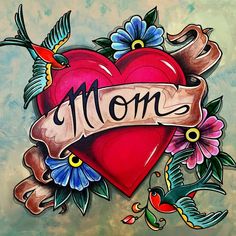 a heart with flowers and birds around it that says mom on the side, next to a banner