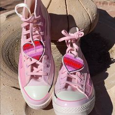 Not Your Normal Sneaker! Limited Edition Millie Bobby Brown...Pink Color Block Converse. With Fuzzy Heart Attachment( Detachable) Three Multi Colored Decking . Pink Leather . All Star Patch . Comes With Pink And White Laces . Brand New . Never Been Worn . Size 11.5...Bs1h5.Limited Edition. The Box Does Not Have A Lid . Color Block Converse, Pink Leather Converse, Pink Valentines Converse, Pink Hearts Converse, Converse Pink Leather Sneakers, Pink Converse Canvas Shoes, Brown Converse, Converse Sneakers, Womens Converse