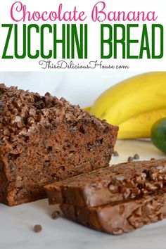 chocolate banana zucchini bread is cut in half and sitting next to some bananas