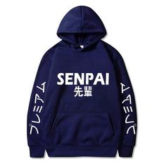 Navy Blue Senpai Hoodie With White Lettering Kawaii Streetwear Hoodie With Letter Print, White Kawaii Hoodie With Letter Print, Kpop Cotton Long Sleeve Hoodie, Kpop Style Hooded Sweatshirt For Fall, Harajuku Hooded Sweatshirt With Letter Print, Kpop Hooded Sweatshirt For Fall, Kpop Hooded Sweatshirt For Winter, Cotton Kpop Hoodie, Kpop Hoodie With Letter Print For Winter