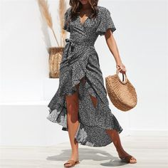 FREE SHIPPING Women Floral Print Boho Long Chiffon Dress Ruffles Wrap Casual V-Neck Split Sexy Party Dress L0269 Maxi Tea, Dresses Ruffles, Tea Dresses, Floral Print Dress Long, 파티 드레스, Chiffon Dress Long, Chiffon Fashion, Dress Sleeve Styles, Dress Chiffon