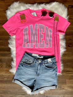 This Amen Leopard print short-sleeve tee is sure to brighten up your summer wardrobe. Crafted from a neon pink fabric that's sure to turn heads, it features a unisex fit that works for all body types. Add a bold and vibrant look to any outfit with this eye-catching piece. Our tees are screen printed with high-quality ink to prevent fading and we use top-o-the-lines tees! Trust us, you won’t be disappointed! Size Suggestions: Small (2-6) Medium (6-10) Large (10-14) XLarge (14-18) XXL (18-22) Unis Leopard Print Shorts, Pink Fabric, Neon Pink, Summer Wardrobe, Body Types, Short Sleeve Tee, Leopard Print