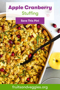 an apple cranberry stuffing in a casserole dish with text overlay