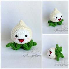 crocheted stuffed animal made to look like an egg with green leaves and smiling face