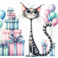 a cat is standing next to presents and balloons