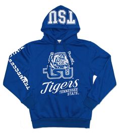 a blue hoodie with a tiger on the front and an lsu logo on the back