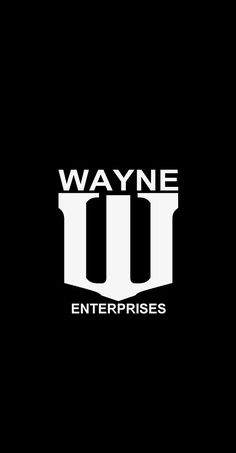 the logo for wayne enterprises is shown on a black background with white letters and an image of