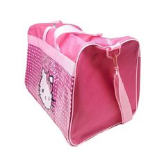 Fun and functional, this duffle bag packs style with the face of Sanrio's Hello Kitty! Measuring approximately 18"W x 11"H x 10"D, this smart storage solution includes a main compartment with a zippered closure and two side mesh pockets. Comes complete with a long, adjustable, removable, shoulder strap. Perfect for long road trips, flights, boat rides, and more! Officially licensed. Pink Satchel Travel Bag For School, Pink Rectangular Duffle Bag For School, Pink School Duffle Bag With Zipper Closure, Bag Packs, Pink Duffle Bag, Luggage Shop, Hello Kitty Pink, Spinner Suitcase, Carry On Suitcase