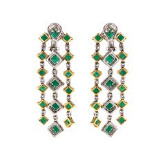 Gorgeous chandelier earrings in 18 karat gold. Adorned with Zambian square cut green emeralds in 11.09 carat total. Accented by white round diamonds 5.02 carat total. Diamonds are natural and in G-H Color Clarity VS. French / Omega clips. Vintage and Art Deco inspired. Earrings that will give you that celebrity sparkle. Width: 1.7 cm Height: 6.5 cm Weight: 41.23 g Platinum Bracelet, Gold Chandelier Earrings, Platinum Earrings, White Gold Bracelet, Colombian Emeralds, 18k Gold Jewelry, Gold Chandelier, Square Cut, Art Deco Inspired