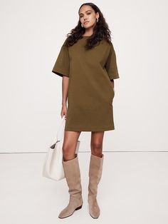 Boxy Cotton T-Shirt Dress | Banana Republic Shirt Dress For Petite Women, Chic Everyday Dress For Fall, Oversized Cotton Sweatshirt Dress For Spring, Spring Crew Neck Dress With Side Pockets, Cotton Relaxed Fit Sweatshirt Dress, Spring Everyday Relaxed Fit T-shirt Dress, Relaxed Fit Crew Neck Everyday Dress, Oversized Cotton Sweatshirt Dress, Everyday Cotton Dresses With Side Pockets