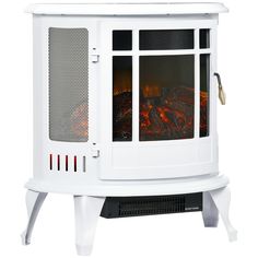 a white stove with an open door and fire in the front, on a white background