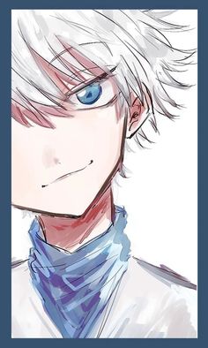 an anime character with white hair and blue eyes, wearing a scarf around his neck