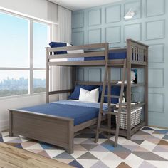 there is a bunk bed with blue sheets and pillows on the bottom level, next to a window