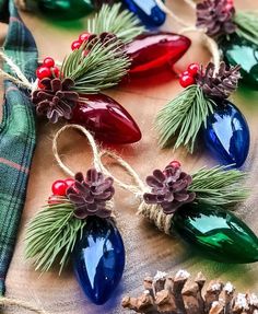 christmas lights are hanging from twine with pine cones and berries on the top, along with other ornaments