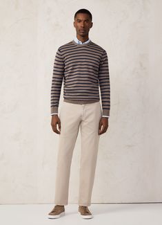 - Jumper in cotton and silk fabric.  - Crew neck.  - Horizontal striped print.  - Ribbed detail on neck, cuffs and hem.  - FAÇONNABLE logo label on side seam. Cotton Crew Neck Sweater With Striped Cuffs, Striped Cotton Crew Neck Sweater, Classic Striped Cotton Sweater, Crew Neck Tops With Striped Cuffs For Work, Classic Crew Neck Sweater With Striped Cuffs, Classic Crew Neck Tops For Work, Classic Long Sleeve Sweater With Contrast Stripes, Classic Striped Sweater For Work, Spring Crew Neck Sweater With Striped Cuffs