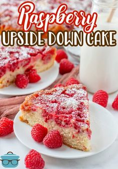 raspberry upside down cake on a white plate next to a glass of milk