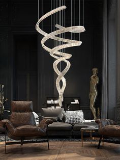 a living room with a spiral chandelier hanging from the ceiling