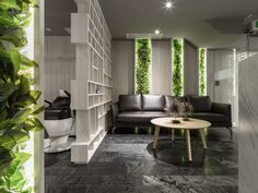 a living room filled with furniture and greenery on the walls, along with bookshelves