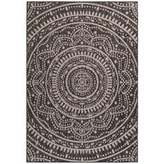 a black and white rug with an intricate design on the center, in front of a white background