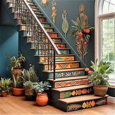 a stair case painted with colorful designs and plants on the bottom step, along with potted plants