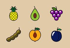 an assortment of fruits and vegetables on a beige background