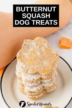 butternut squash dog treats stacked on top of each other with text overlay that reads butternut squash dog treats