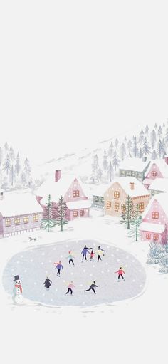 a group of people skating on top of a snow covered field in front of houses